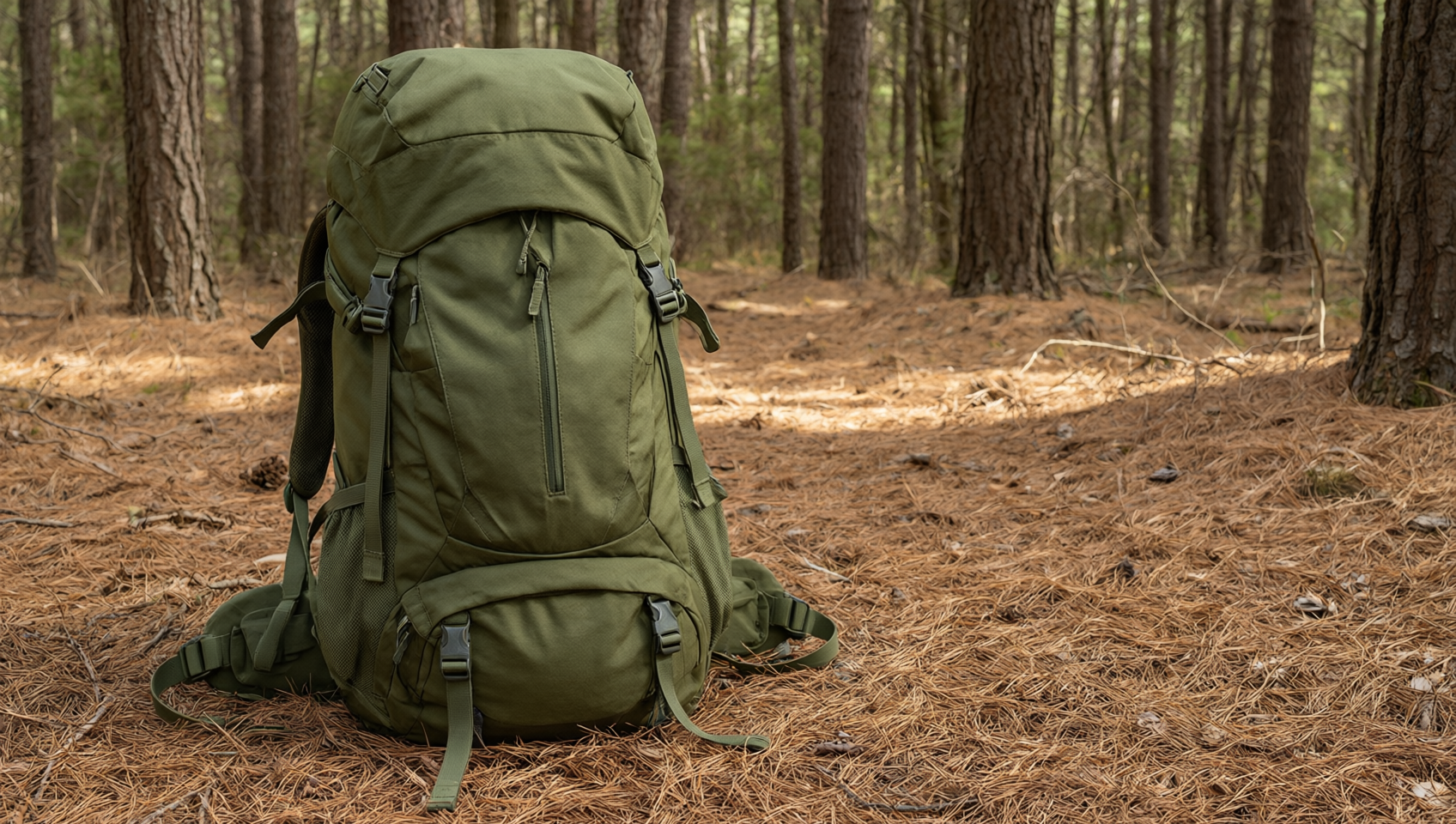 松針地上的橄欖綠登山背包