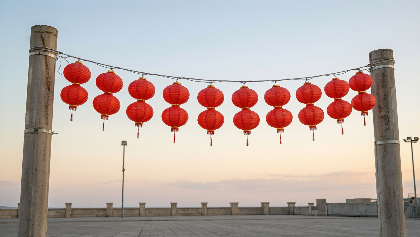 廣場水泥電桿間懸掛的未亮紅燈籠